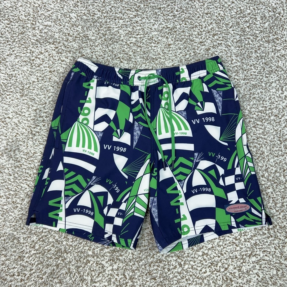 Vineyard Vines Swim Trunks Mens XS Blue Green Sailboat Mesh Lined Nautical Print